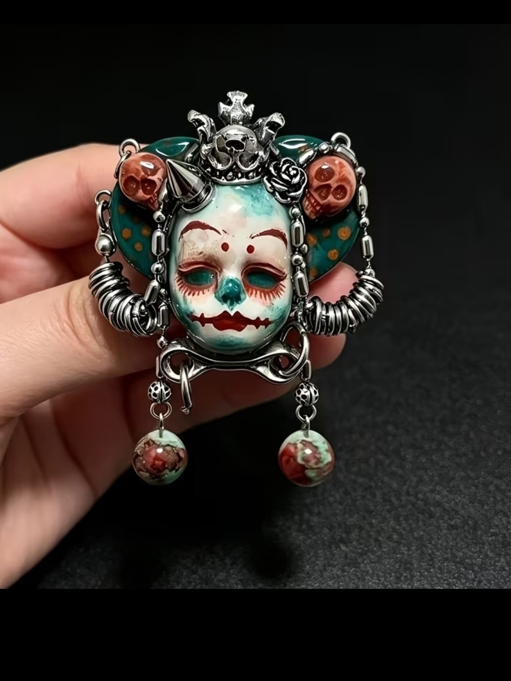 Handcrafted Teal and Coral Skull Mask Ring